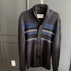 urban pipeline mens Black Cardigan Sweater with Blue and White Pattern Sz xl